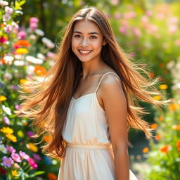 A beautiful young woman with long flowing hair, wearing a sunlit dress that sways in a gentle breeze