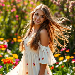 A beautiful young woman with long flowing hair, wearing a sunlit dress that sways in a gentle breeze