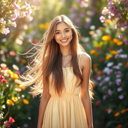 A beautiful young woman with long flowing hair, wearing a sunlit dress that sways in a gentle breeze