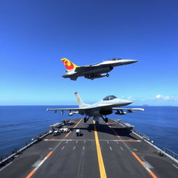 A Sri Lankan Navy F-16 fighter jet taking off from a sleek aircraft carrier ship under a clear blue sky