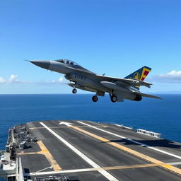 A Sri Lankan Navy F-16 fighter jet taking off from a sleek aircraft carrier ship under a clear blue sky