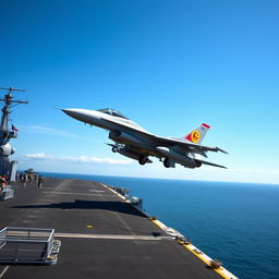 A Sri Lankan Navy F-16 fighter jet taking off from a sleek aircraft carrier ship under a clear blue sky