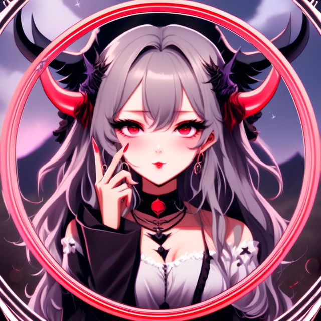 Anime profile picture of a beautiful woman with devilish horns and gothic attire, making a peace sign, encased within a cool circle border, set against a moody, moonlit landscape.