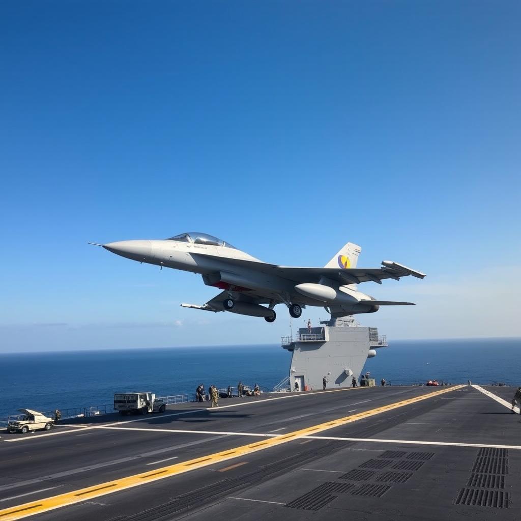 A Sri Lankan Navy F-16 fighter jet taking off from a sleek aircraft carrier ship under a clear blue sky