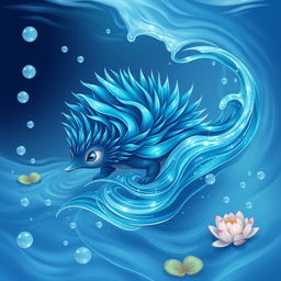 A mesmerizing illustration of an 'elemental water echidna,' depicted as a graceful and fluid creature embodying the essence of water