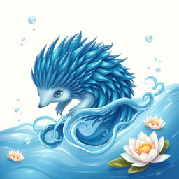 A mesmerizing illustration of an 'elemental water echidna,' depicted as a graceful and fluid creature embodying the essence of water