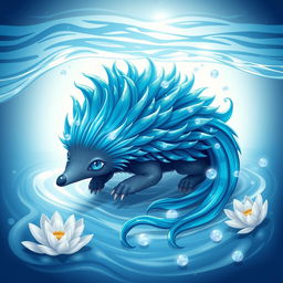 A mesmerizing illustration of an 'elemental water echidna,' depicted as a graceful and fluid creature embodying the essence of water