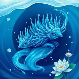 A mesmerizing illustration of an 'elemental water echidna,' depicted as a graceful and fluid creature embodying the essence of water