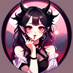 Anime profile picture of a beautiful woman with devilish horns and gothic attire, making a peace sign, encased within a cool circle border, set against a moody, moonlit landscape.