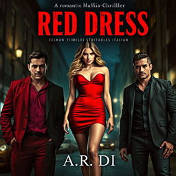 A striking narrow-format book cover for a romantic mafia thriller titled 'Red Dress' by A