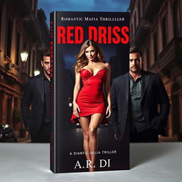 A striking narrow-format book cover for a romantic mafia thriller titled 'Red Dress' by A