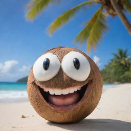 A young, fresh coconut with an animated, huge, contagious smile, set against a backdrop of tropical beach and clear blue sky.