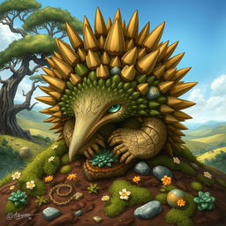 A captivating illustration of an 'elemental earth echidna,' depicted as a majestic creature embodying the essence of earth and nature