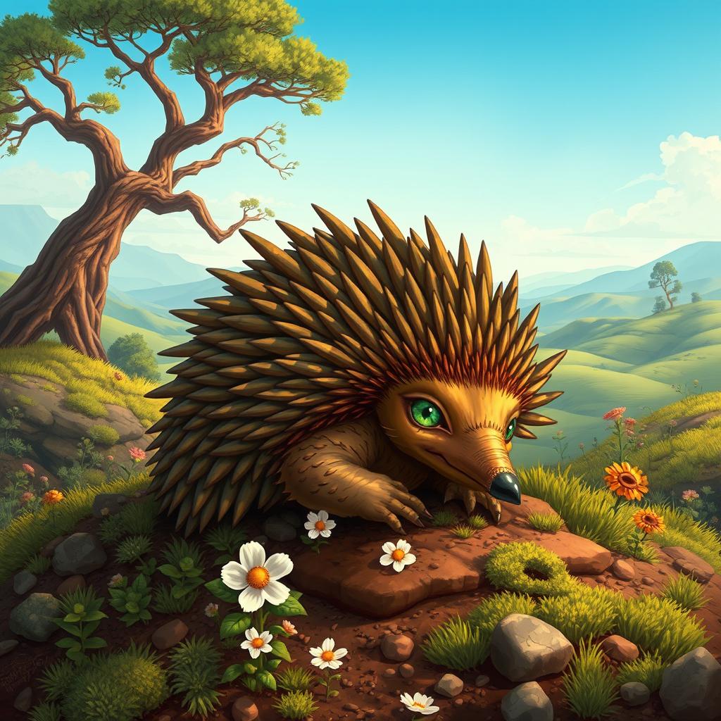 A captivating illustration of an 'elemental earth echidna,' depicted as a majestic creature embodying the essence of earth and nature