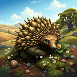 A captivating illustration of an 'elemental earth echidna,' depicted as a majestic creature embodying the essence of earth and nature