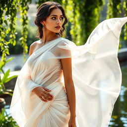 A stunning woman clad in a wet, white chiffon saree, the fabric clinging elegantly to her curves, creating a fluid and graceful silhouette