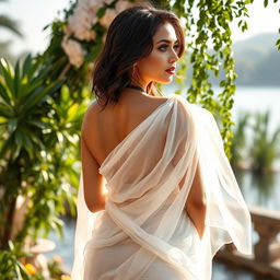 A stunning woman clad in a wet, white chiffon saree, the fabric clinging elegantly to her curves, creating a fluid and graceful silhouette