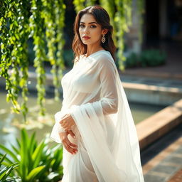 A stunning woman clad in a wet, white chiffon saree, the fabric clinging elegantly to her curves, creating a fluid and graceful silhouette