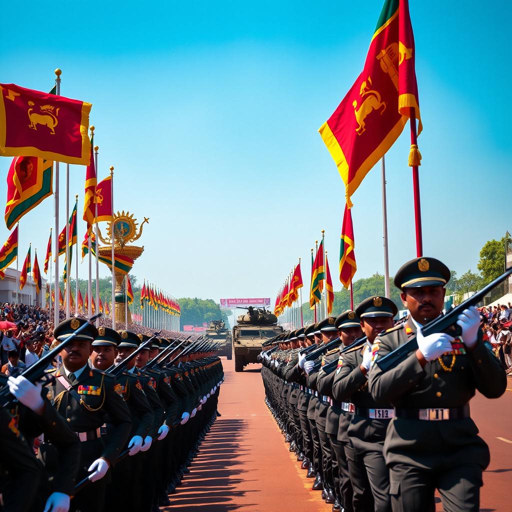 A grand military parade showcasing the Sri Lankan Army in full display of modern weaponry