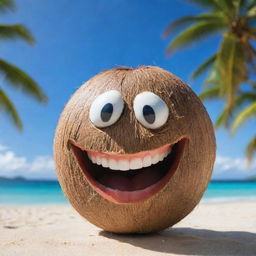 A young, fresh coconut with an animated, huge, contagious smile, set against a backdrop of tropical beach and clear blue sky.