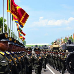 A grand military parade showcasing the Sri Lankan Army in full display of modern weaponry