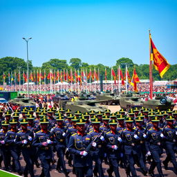 A grand military parade showcasing the Sri Lankan Army in full display of modern weaponry