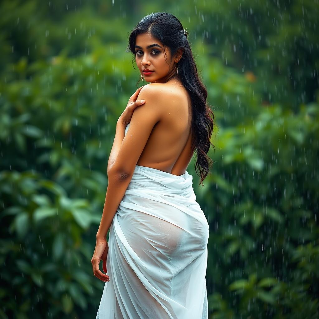 An alluring Indian model standing gracefully in the rain, wearing a wet, low-hip white chiffon saree that clings to her form