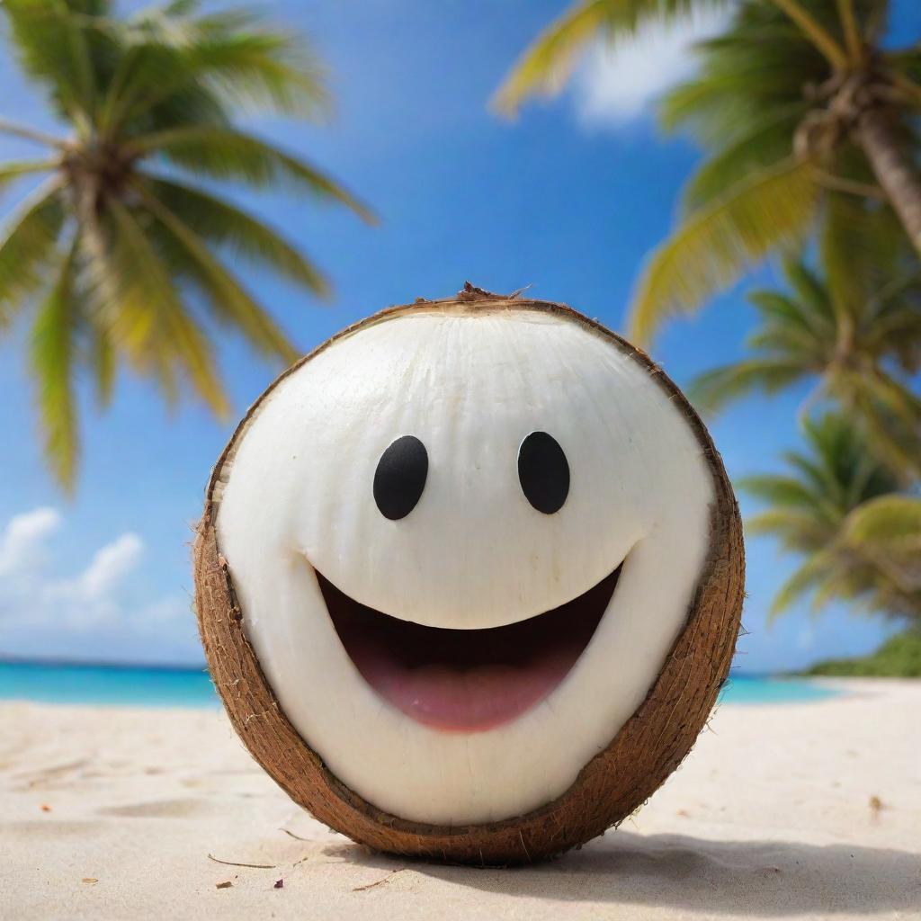 A young, fresh coconut with an animated, huge, contagious smile, set against a backdrop of tropical beach and clear blue sky.