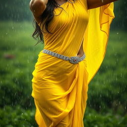 A stunning Indian model drenching in the rain, wearing a bright yellow chiffon saree that is soaking wet, clinging perfectly to her figure