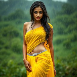 A stunning Indian model drenching in the rain, wearing a bright yellow chiffon saree that is soaking wet, clinging perfectly to her figure