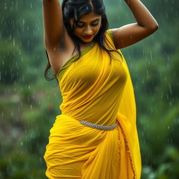 A stunning Indian model drenching in the rain, wearing a bright yellow chiffon saree that is soaking wet, clinging perfectly to her figure