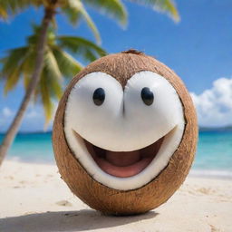 A young, fresh coconut with an animated, huge, contagious smile, set against a backdrop of tropical beach and clear blue sky.