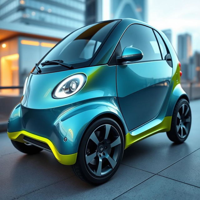 A sleek and innovative smart car design, showcasing its compact and futuristic features