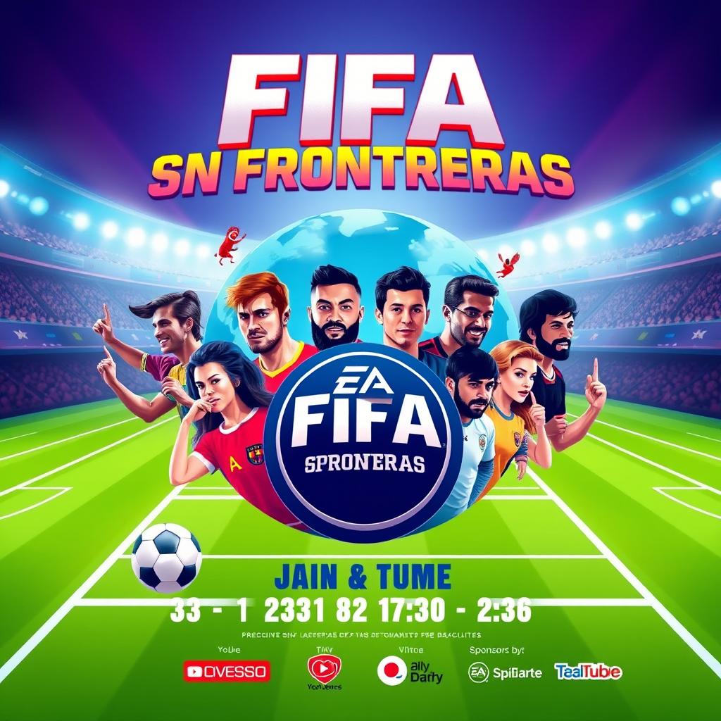 An eye-catching promotional poster for a charity FIFA tournament titled 'FIFA Sin Fronteras'