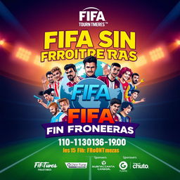 An eye-catching promotional poster for a charity FIFA tournament titled 'FIFA Sin Fronteras'