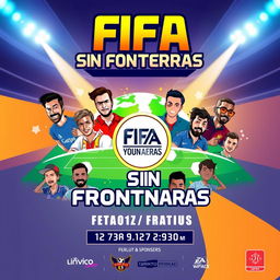 An eye-catching promotional poster for a charity FIFA tournament titled 'FIFA Sin Fronteras'