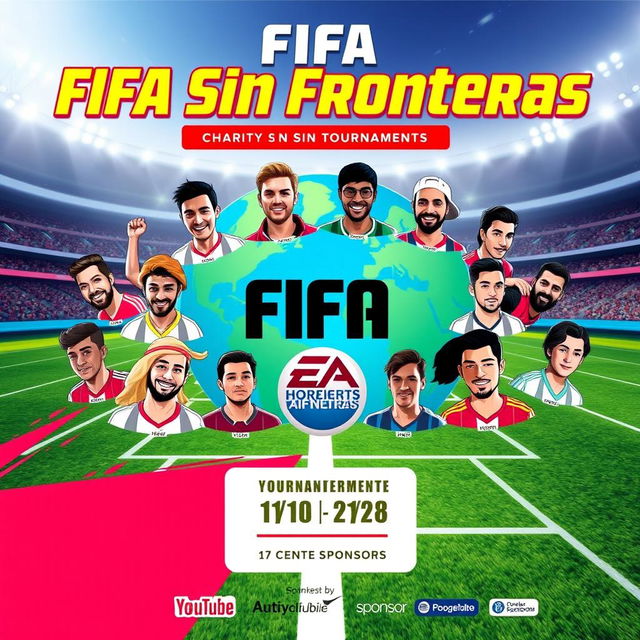 An eye-catching promotional poster for a charity FIFA tournament titled 'FIFA Sin Fronteras'