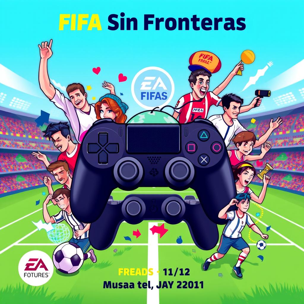 An engaging promotional poster for a charity FIFA tournament titled 'FIFA Sin Fronteras'