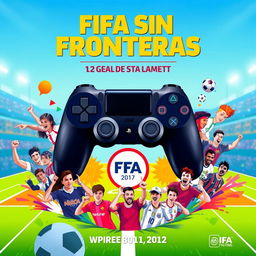 An engaging promotional poster for a charity FIFA tournament titled 'FIFA Sin Fronteras'