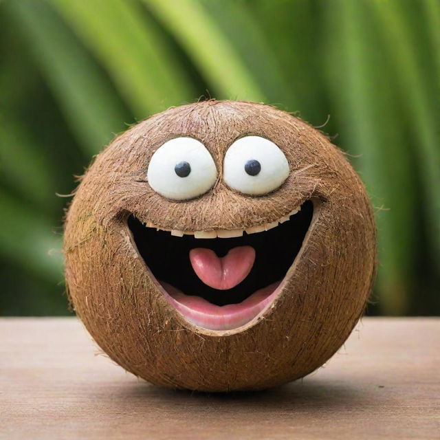 A young, lively coconut with a giant, infectious smile adorning its face, set against a vibrant tropical background.