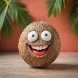 A young, lively coconut with a giant, infectious smile adorning its face, set against a vibrant tropical background.