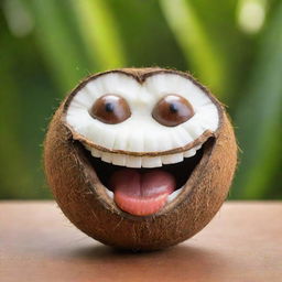 A young, lively coconut with a giant, infectious smile adorning its face, set against a vibrant tropical background.