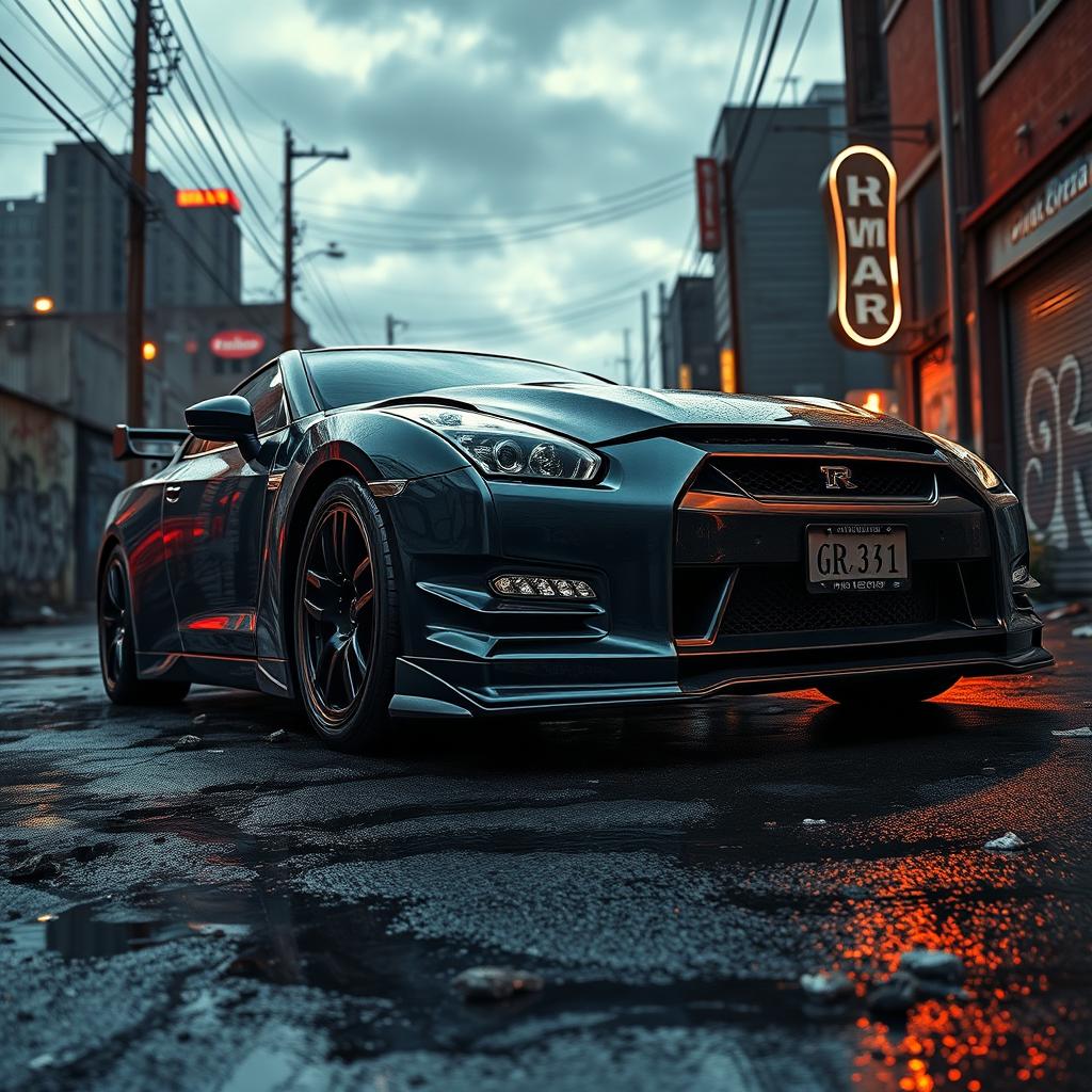 A detailed and dramatic depiction of a failed Nissan GTR in an urban setting