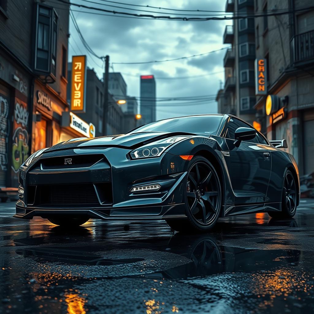 A detailed and dramatic depiction of a failed Nissan GTR in an urban setting