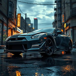 A detailed and dramatic depiction of a failed Nissan GTR in an urban setting