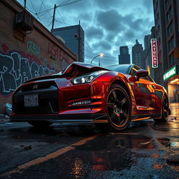 A detailed and dramatic depiction of a failed Nissan GTR in an urban setting