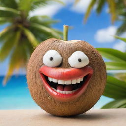 A young, lively coconut with a giant, infectious smile adorning its face, set against a vibrant tropical background.