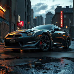 A detailed and dramatic depiction of a failed Nissan GTR in an urban setting