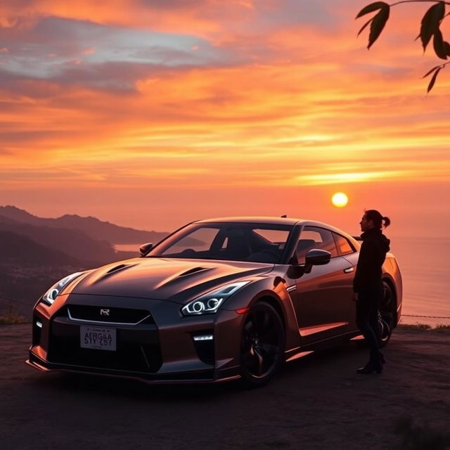 A poignant farewell scene featuring a Nissan GTR parked gracefully on a scenic cliff overlooking a sunset, the sky awash with vibrant hues of orange, pink, and purple