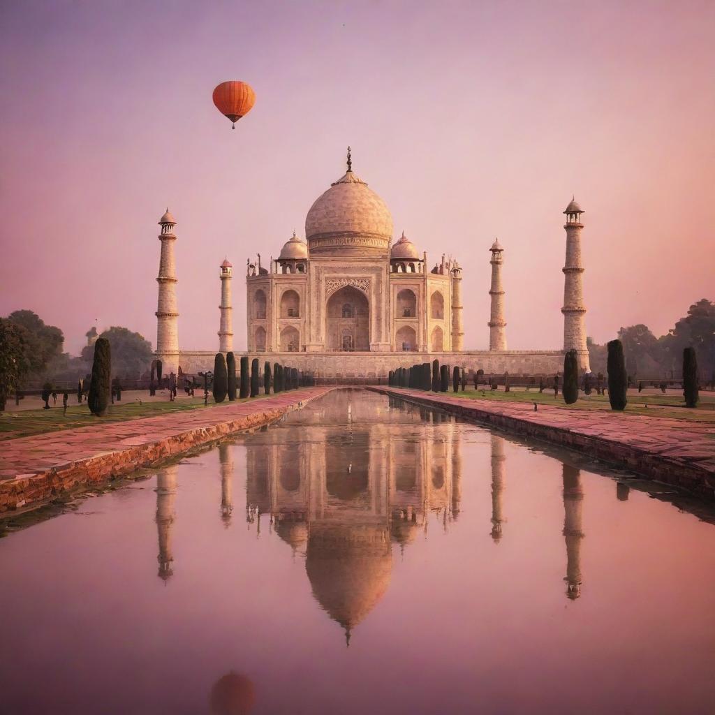 Enchanting colour palette of a pink and orange sunset enveloping the Taj Mahal, along with countless floating lanterns providing a fairy-tale ambiance